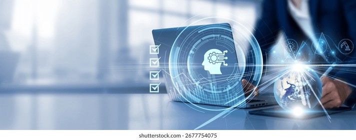 Machine Learning: Algorithms, automation, prediction, data analysis, insights. Businessman selects checkbox and uses laptop analyzing data graph growth on global network.