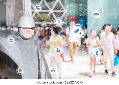 Machine Learning Analytics Identify Person Technology , Artificial Intelligence ,Big Data , Iot Concept. Cctv , Security Camera And Face Recognition People In Smart City Building. 