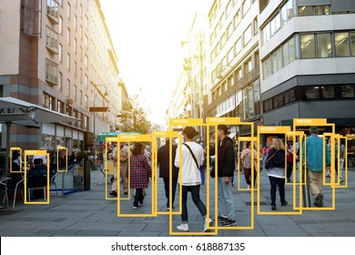 Machine Learning Analytics Identify Person Technology , Artificial Intelligence Concept. Software Ui Analytics And Recognition People In City With Flare Light Effect (blur All Human Face)