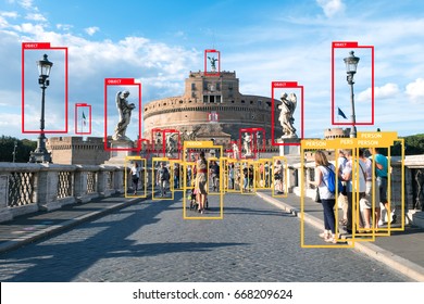 Machine Learning Analytics Identify Person And Object Technology , Artificial Intelligence Concept. Software Ui Analytics And Recognition People In City With Flare Light Effect (blur All Human Face)