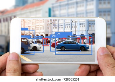 Machine Learning Analytics Identify Person , Cars Technology , Artificial Intelligence Concept. Software Ui Mobile Phone Analytics And Recognition People In City. (blur All Human Face)