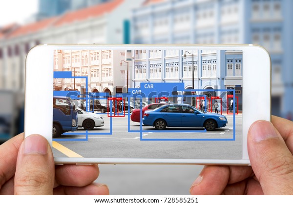 Machine\
Learning analytics identify person , cars technology , Artificial\
intelligence concept. Software ui mobile phone analytics and\
recognition people in city. (blur all human\
face)