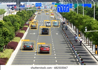 Machine Learning Analytics Identify Vehicles Technology , Artificial Intelligence Concept. Software Ui Analytics And Recognition Cars Vehicles In City.