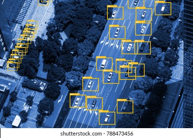 Machine Learning Analytics Identify Vehicles Technology , Artificial Intelligence Concept. Software Ui Analytics And Recognition Cars Vehicles In City. Bird Eye View And Blue Tone Image.