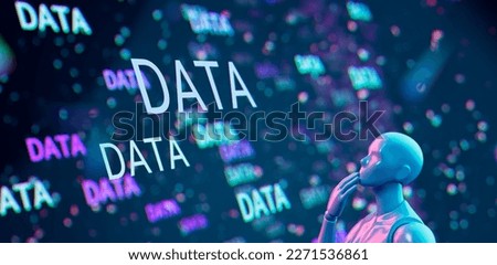 Machine learning Artificial Intelligence (AI) data analysis concept. Artificial intelligence (AI) represented by humanoid (android) learn from sample data known as training data. Wide composition.