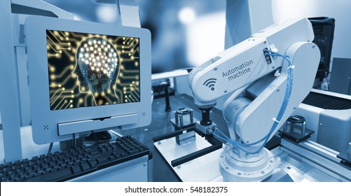  Machine Learning And Artificial Intelligence Concept. Computer Display Illustrative Screen And Blue Tone Of Automate Wireless Robot Arm In Smart Factory Background