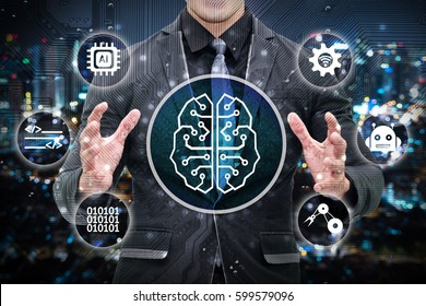 Machine learning and artificial intelligence concept. Man business suit , Electric circuit graphic and info graphic of Brain chip sets , command , binary coded , robotic arm icons.