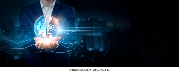 Machine Learning: Businessman Holding Global Network Connection of Data. Global Business. Automation, Prediction, Optimization, Advanced Technical Interface on Cyberspace.