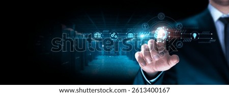 Machine Learning: Businessman pointing icon with algorithms, data analysis, predictive modeling, automation, neural networks, pattern recognition, intelligence.