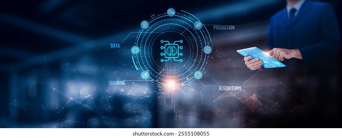 Machine Learning: Businessman using tablet analyzing machine learning record on tablet. Digital analytics and network connection on modern virtual screen interface, algorithms, technology and network