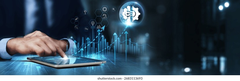 Machine Learning: Businessman using tablet and analysis technical growth by data mining, algorithms, predictive analytics, pattern recognition, automation, optimization.