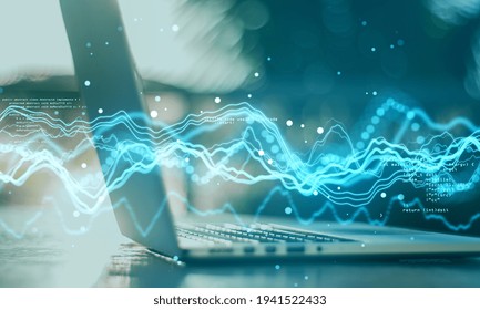 Machine learning concept with blue glowing data waves and abstract programming code on laptop background. Double exposure