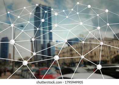 Machine learning concept. Digital web over blurred cityscape