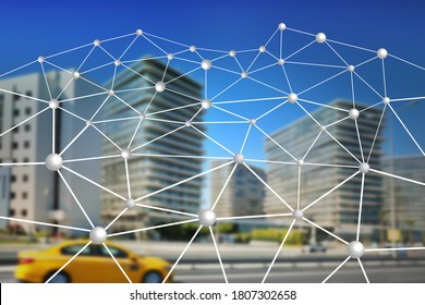 Machine learning concept. Digital web over blurred cityscape