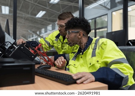 Machine learning. Electrical engineer. Works on desktop computer. Team of male engineers training Programmable logic controller in workshop. Industrial computer concept