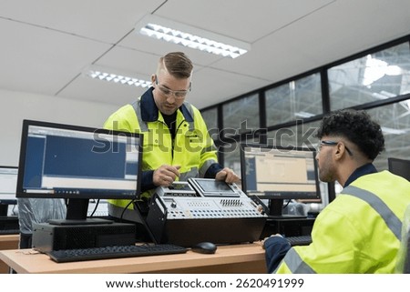 Machine learning. Electrical engineer. Works on desktop computer. Team of male engineers training Programmable logic controller in workshop. Industrial computer concept