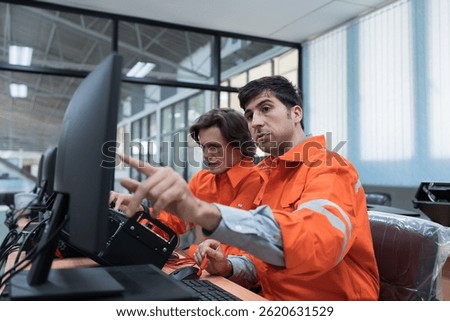 Machine learning. Electrical engineer. Works on desktop computer. Team of male engineers training Programmable logic controller in workshop. Industrial computer concept