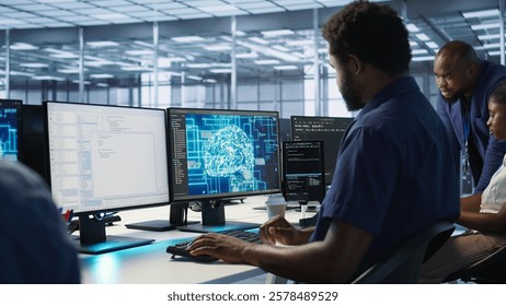 Machine learning expert in AI server room developing disaster recovery plans ensuring minimal downtime. Employee monitoring performance in artificial intelligence ran data center, camera A