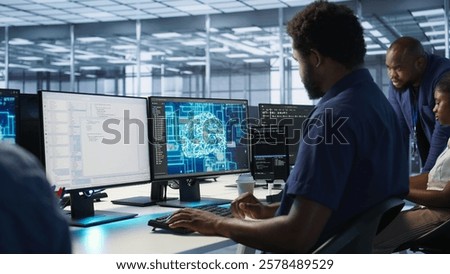 Machine learning expert in AI server room developing disaster recovery plans ensuring minimal downtime. Employee monitoring performance in artificial intelligence ran data center, camera A