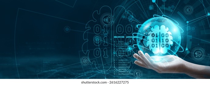 Machine learning. Hand holding a globe with network connecting data. Visualization of digital technology, powered by machine learning, enabling real-time insights and global connectivity.