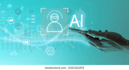  Machine learning. Hand robot touching computer chip and binary data. Futuristic Artificial intelligence (AI). Deep Learning. Neural Network. Brain representing. Accurate facial recognition detection 