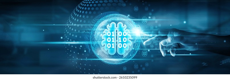 Machine learning. Hand touching global network connection and machine learning algorithms processing data streams, generating predictive insights, and enabling automation across industries worldwide. - Powered by Shutterstock - Get 15% off with code: PIKWIZARD15