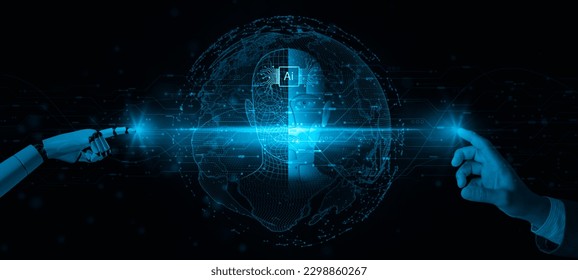 Machine learning, Hands of robots and humans touching on extensive data network connection background, Science innovation, and future digital technology, artificial intelligence AI, chatbot