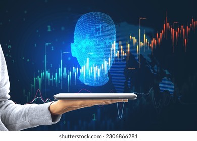 Machine learning, mobile artificial intelligence and global investing concept with robot head with financial chart candlestick on world map background above human hand with digital tablet