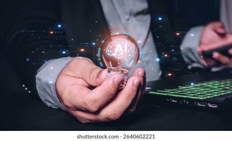 Machine learning on big data network, AI technology, creative brain data from light bulb to technology, intelligent ideas and artificial intelligence technology, future innovation concept