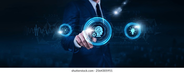 Machine learning, predictive analytics, neural networks, businessman touch of algorithm icon Data exchange on digital network connection, data preprocessing, feature extraction.