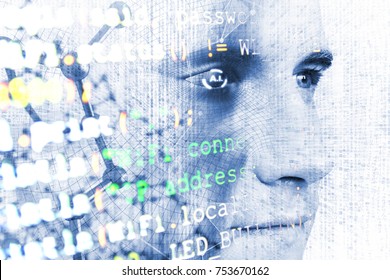 Machine learning systems technology , accurate facial recognition biometric technology and artificial intelligence concept. Double exposure of Human face and programming coded with blue tone image. - Powered by Shutterstock