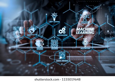 Machine learning technology diagram with artificial intelligence (AI),neural network,automation,data mining in VR screen.business man hand working on digital tablet computer with digital layer