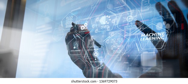 Machine learning technology diagram with artificial intelligence (AI),neural network,automation,data mining in VR screen.businessman hand working with modern technology and digital layer effect. - Shutterstock ID 1369729073