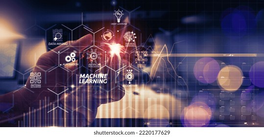 Machine learning technology diagram with artificial intelligence (AI),neural network,automation,data mining in VR screen.hand showing the earth.Elements of this image furnished by NASA
