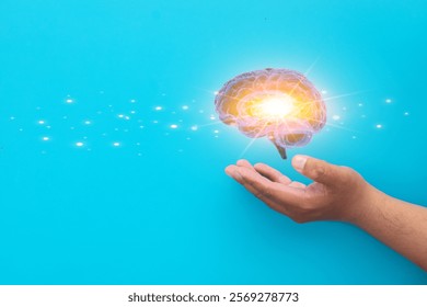 Machine learning,Deep Learning,AI artificial intelligence,Creative idea,Education concept.,Hand holding human brain with copyspace idea for technology,science,mental health,Mindfulness,Psychology.