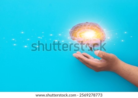 Machine learning,Deep Learning,AI artificial intelligence,Creative idea,Education concept.,Hand holding human brain with copyspace idea for technology,science,mental health,Mindfulness,Psychology.