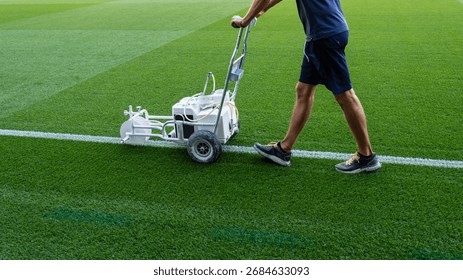 Machine for marking lines on the playing field, pushed by a man