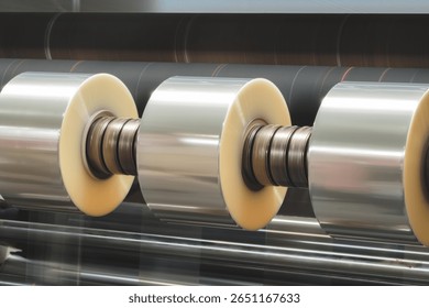 A machine with a roll of polyethylene plastic wrapping film on it. The machine is in a factory. industrial food packaging concept background