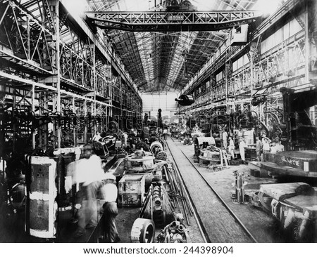 Machine shops of the Mitsubishi plant, Kobe, Japan. Ca. 1925.