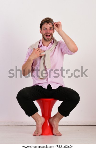 Macho Glasses Sits On Red Chair Beauty Fashion Stock Image