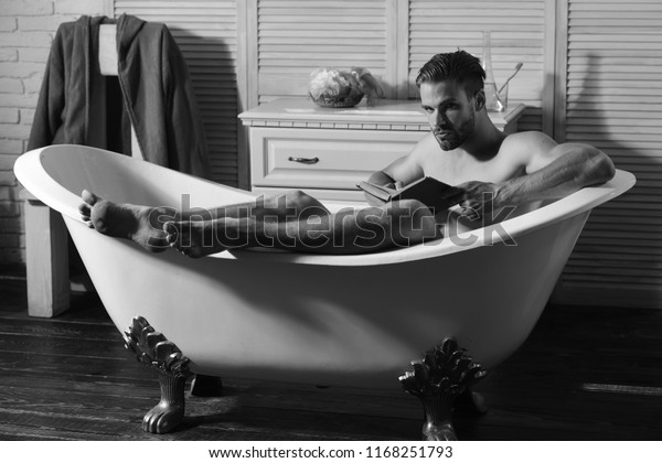 Macho Sitting Naked Bathtub Reading Book Stock Photo Shutterstock