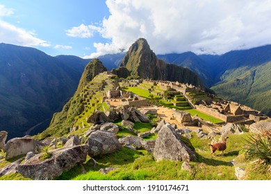 Machu Picchu, the most familiar icon of Inca civilization situated on a mountain ridge above the Sacred Valley northwest of Cuzco, Cusco Region, Peru. - Shutterstock ID 1910174671