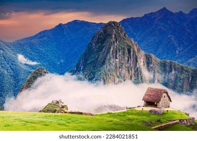 Machu Picchu, Peru. Ancient Incan citadel located in the Andes Mountains of Peru, known for its stunning architecture and breathtaking mountain views.