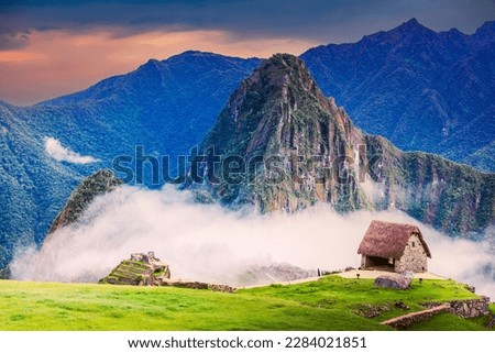 Machu Picchu, Peru. Ancient Incan citadel located in the Andes Mountains of Peru, known for its stunning architecture and breathtaking mountain views.