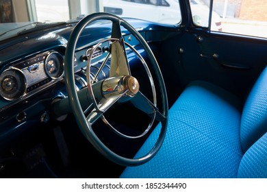 Mackay, Queensland, Australia - 08/16/2012; Steering Wheel And Blue Interior Of A Classic Buick American Car Which Has Been Lovingly Restored.