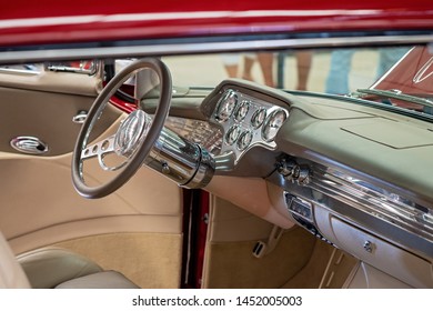 MACKAY, QUEENSLAND, AUSTRALIA - 13th July 2019: Close Up Of Steering Wheel And Interior Of Custom Classic Vintage Car