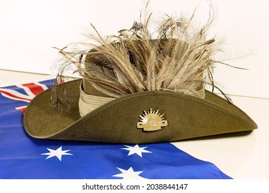 Mackay, Queensland, Australia - 28 August, 2021; Australian army diggers slouch hat with the Australian flag and the emu feathers worn by Queensland regiments. Anzac Day concept.