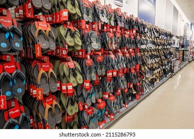 Mackay, Queensland, Australia - January 2022: Rows of thongs for sale in shopping center store