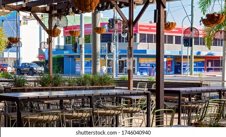 Mackay, Queensland, Australia - June 2020: Empty Open Air Restaurant In The City Centre With No Customers Due To Covid-19 Restrictions