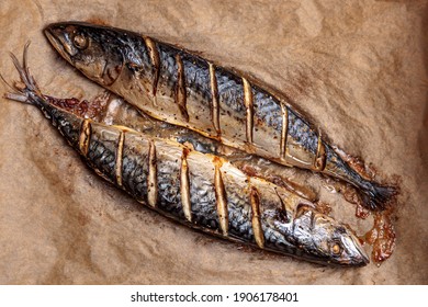 Mackerel Fish Baked. Barbeque Grill Food Top View. Roasted Hot Prepared Scomber, Delicious And Tasty Gourmet Protein Cuisine. Reastaurant Cook Healthy Seafood. Whole Mackerel Bbq Grilling Dinner